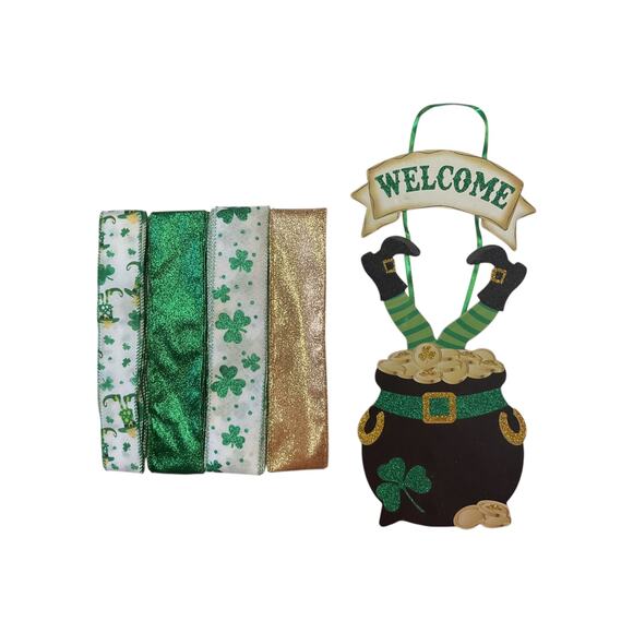 Saint Patrick’s Day Pot of Gold Sign Ribbon Bundle Set, DIY Wreath Making Kit - Picture 1 of 2